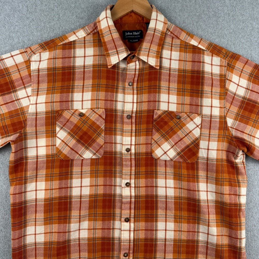 John Blair Shirt Mens XL Orange Plaid Button Down Long Sleeve Flannel Lined